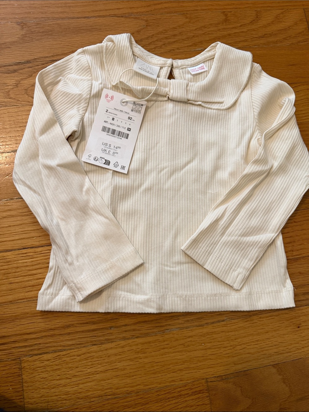 ZARA GIRLS 2 years Long Sleeve Ribbed Top with Peter Pan Collar - Cream